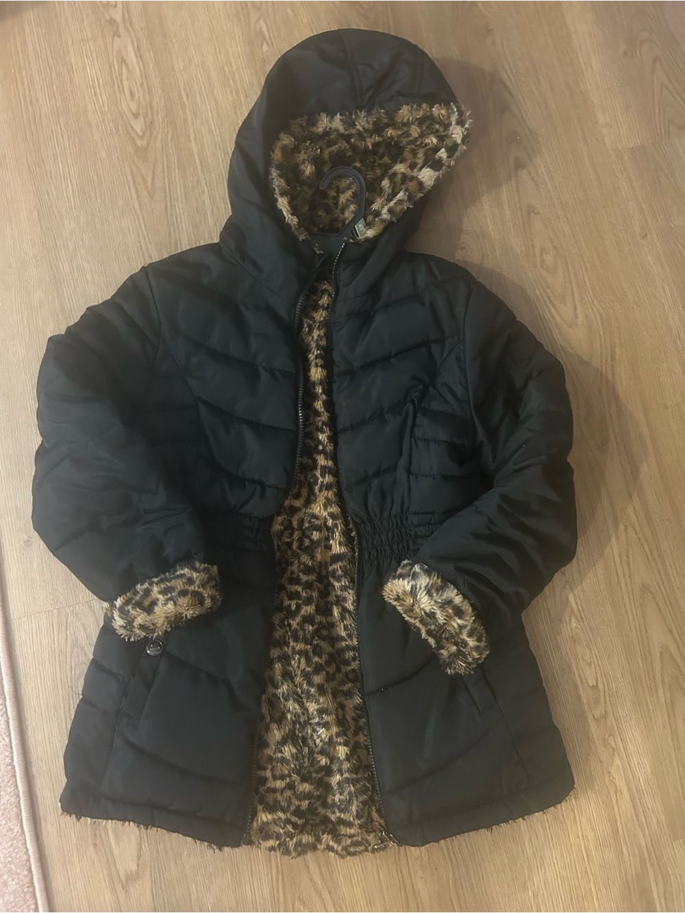 Women’s Black Hooded Puffer Coat with Leopard Faux-Fur Trim